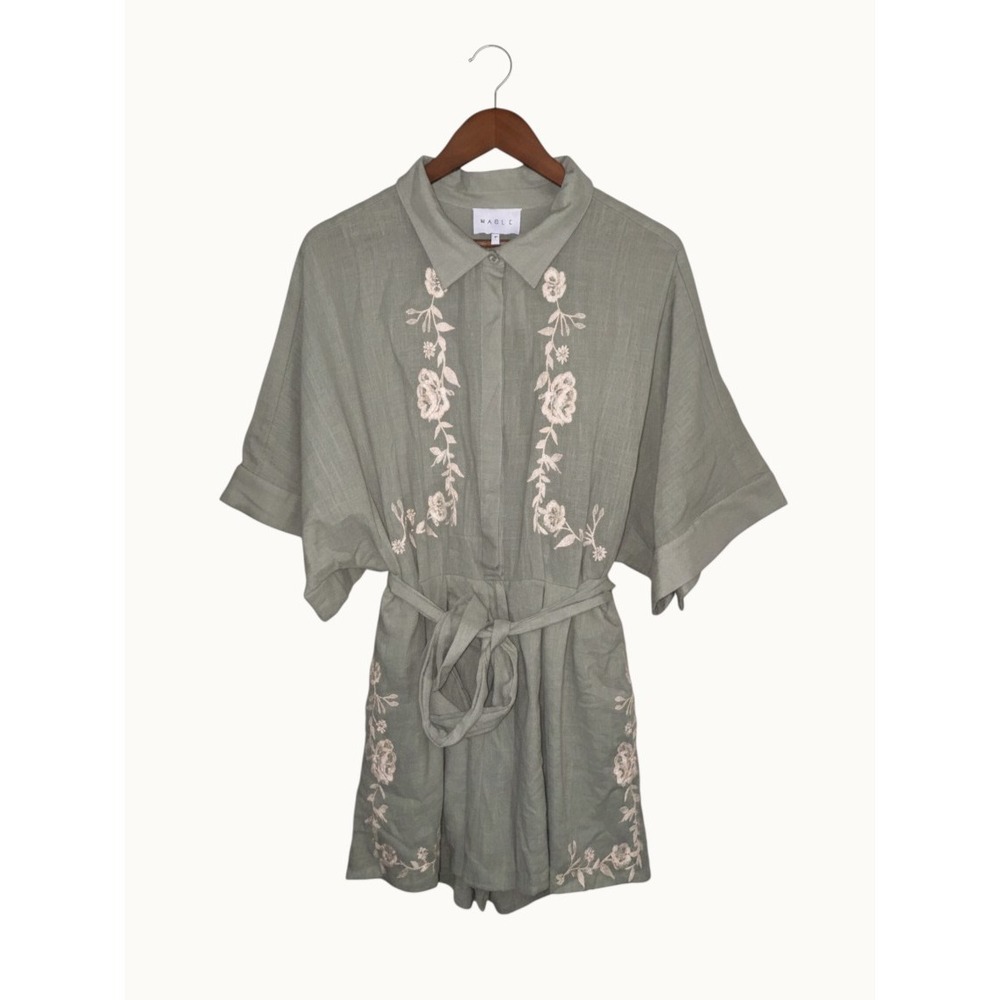 Mable Sage Green Linen Romper Embroidered Floral Tie Waist Zip Shorts Boho Sz M